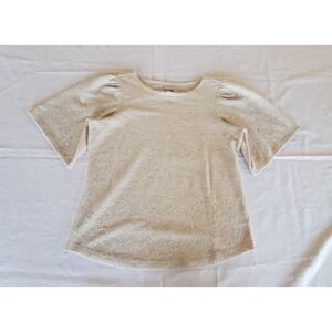 NIC+ZOE Textured Jacquard Puff Sleeve Top Womens Small Beige work chic‎